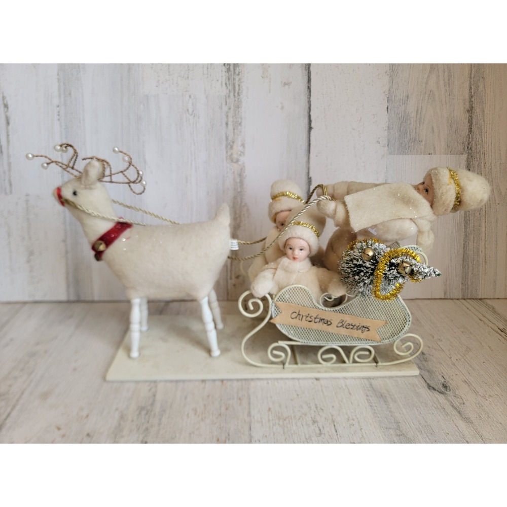 Vintage Xmas blessings white children sled glitter tree tinsel home decor figure